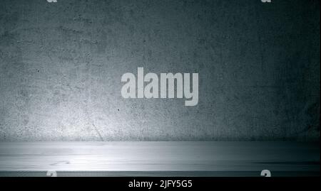 Light by spotlight on cement concrete wall and wooden shelf or floor Stock Photo