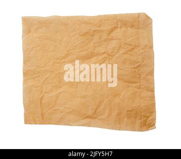Square shape of crumpled thin brown paper, parchment  paper isolated on white Stock Photo