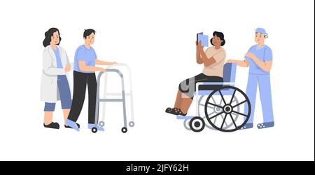 Two doctors help people, one on a wheelchair and the other on stilts Stock Vector