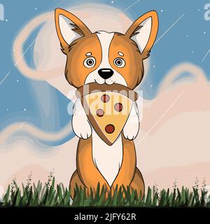 A cute corgi stands on its hind legs and has a piece of pizza in its mouth Stock Vector