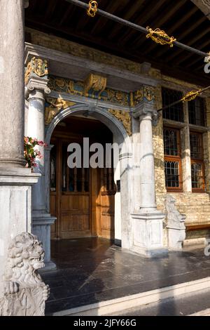 Entrance to the town Hall with Renaissance loggia, Veurne, West Flanders, Flanders, Belgium Stock Photo