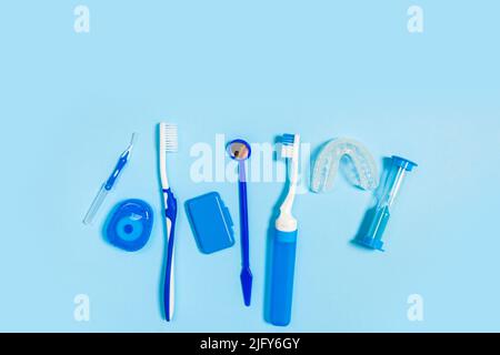 set for thorough cleaning of the oral cavity. Equipment for cleaning braces and plaque from teeth. Necessary tools for brushing teeth. Stock Photo