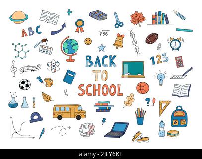 School doodles set. Funny hand drawn objects for educaton. School drawings. Design colorful elements on white background. Vector illustration. Stock Vector