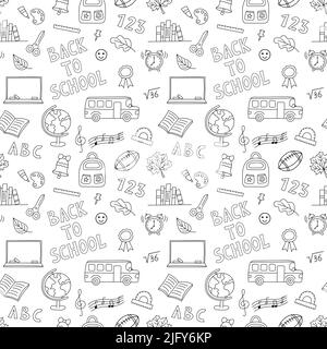 School pattern. Hand drawn doodle elements. School seamless black and white background. Vector illustration. Stock Vector