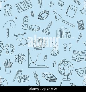 School doodle pattern. Hand drawn education elements. School seamless monochrome background. Vector illustration. Stock Vector