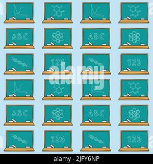 School doodle pattern. Hand drawn board with chalk and written symbols, letters and numbers. School seamless background. Vector illustration. Stock Vector