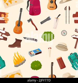 Camping and hiking seamless pattern. Summer camp travel tools collection for survival in wild, tent, backpack, map, axe, campfire and other camping eq Stock Vector