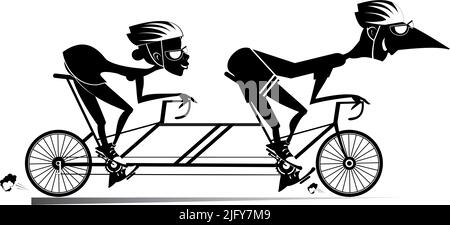 Cartoon man and woman rides a tandem bike isolated. Smiling man and woman in helmets rides on the double bike black on white Stock Vector