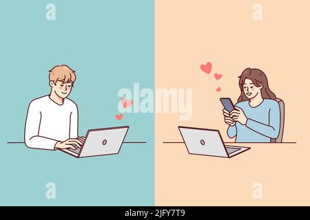 Couple texting online on gadget having relationship on distance. Man and woman message communicate on devices. Love and online dating concept. Vector illustration. Stock Vector