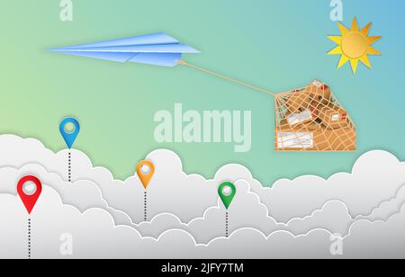 Vector illustration of a paper cut-out style with a blue paper plane delivering a delivery box to the destination at a location symbol on the cloud Stock Vector