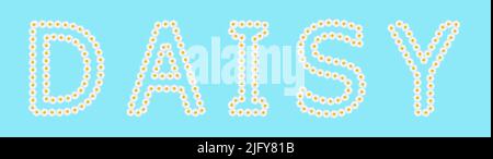 Word DAISY made from white chamomiles isolated on blue background. Springtime floral composition. Stock Photo