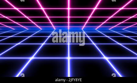 Neon grid background. Futuristic digital syntwave colored lines on a black empty surface glowing in the void. New retro wave and retro 80s concept. High quality illustration Stock Photo