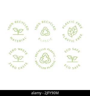 Eco safe, zero waste and recycled material. Vector label set, plastic free, eco friendly with leaf cycle. Stock Vector