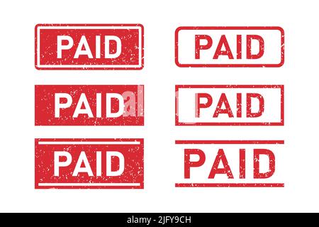 Grunge red Paid word rubber stamps set. Paid sign sticker set. Grunge vintage square label. Vector illustration isolated on white background Stock Vector