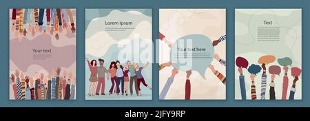 Volunteer people group concept. Editable template. Leaflet - brochure poster. Raised arms and hands of multiethnic people. Diversity. Multicultural Stock Vector