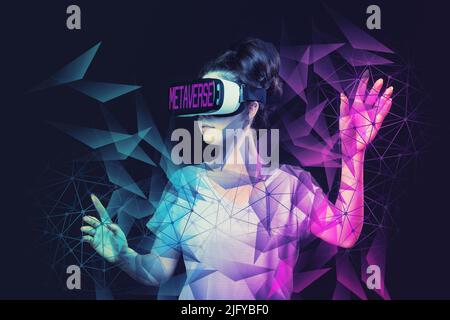 Futurism collage. A young woman in VR glasses creates neon abstract mesh and geometric triangles. Dark background. The concept of virtual reality, met Stock Photo