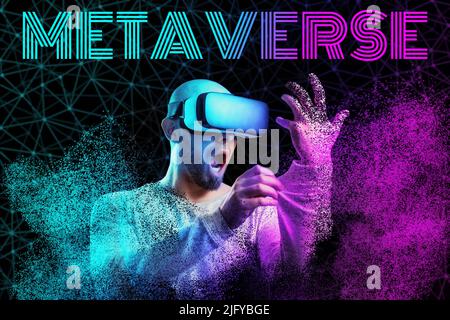 Portrait of shocked disappearing bald and bearded man in VR glasses. Black background with neon grid. Concept of metaverse, virtual reality and cybers Stock Photo