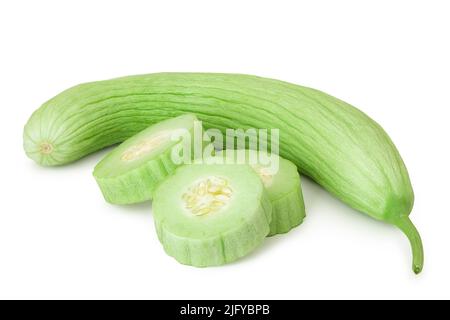 Sliced and halved Armenian cucumber or snake melon with fruit pulp, isolated with clipping path on a white background. Group of fresh and delicious cr Stock Photo