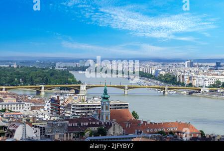 Hungary, panoramic view and city skyline of Budapest historic center and bridges crossing Danube River. Stock Photo
