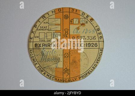 Vintage car tax disc road fund licence from 1926 Stock Photo