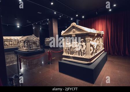 28 May 2022, Antalya, Turkey: Heracles Sarcophagus with carved bas-relief of Exploites of Hercules in the Archaeological Museum of Antalya. Stock Photo