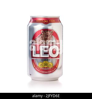 SUKHOTHAI, THAILAND - MAY 20, 2020. Can of Leo beer studio shot isolated on white background. 5% alcohol Leo beer are popular brand in Thailand create Stock Photo