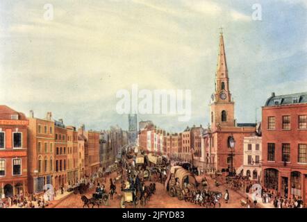 Borough High Street, Southwark, London, 1826. By William Knox. Before the building of Westminster Bridge, Borough High Street was the only connection from the south bank of the Thames to the north bank. To the right of the painting the church of St George the Martyr can be seen. In the distance Southwark Cathedral is also visable. Stock Photo