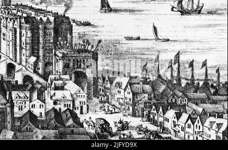 The Southwark End of Old London Bridge, 1616. A detail from the Visscher panorama. By Claes Janszoon Visscher (1587-1652). The complete panorama shows an imagined view of London in around 1600. The engraving was first published in Amsterdam in 1616, with the title 'Londinum Florentissima Britanniae Urbs Toto Orbe Celeberrimum Emporiumque'. Stock Photo