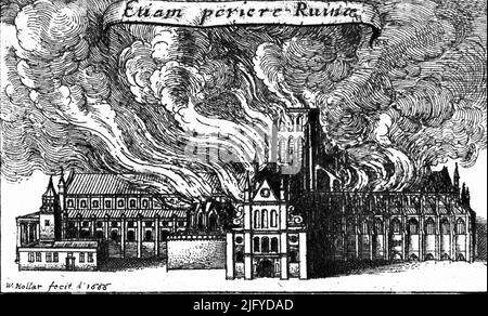 Old St. Paul's on Fire, 1666. By Wenceslaus Hollar (1607-1677). Old St Paul's Cathedral was the cathedral of the City of London that, until the Great Fire of 1666, stood on the site of the present St Paul's Cathedral. The Great Fire of London swept through the central parts of London from Sunday, 2nd September to Thursday, 6th September 1666. Stock Photo