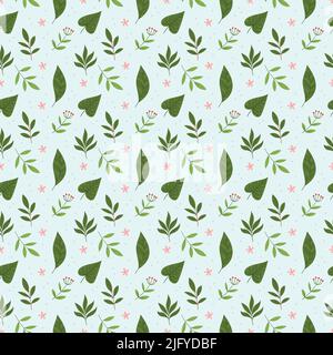 Cute seamless pattern with leaves of rainforest plants on a mint background.Background with jungle foliage. Natural summer illustration for textile pr Stock Vector
