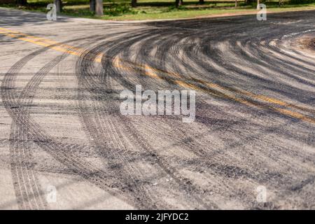 Black stripe of car wheel from asphalt on the road in the renovation process Stock Photo