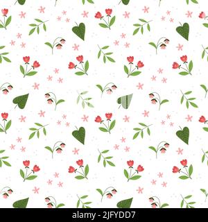Seamless floral pattern with small pink flowers and leaves on a white background.Colorful flat vector illustration. Repeating texture design. Stock Vector