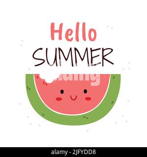 Illustration with Funny watermelon.Poster with summer cute character.Hello Summer.Children's Illustration for book, clothes print. Stock Vector