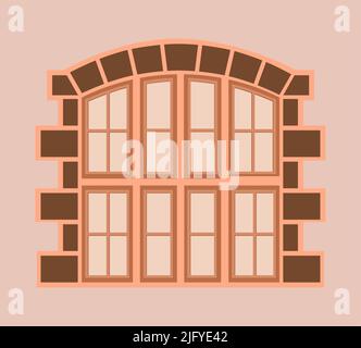 vector illustration vintage windows. Retro round window frames. view on house wall. Stock Vector