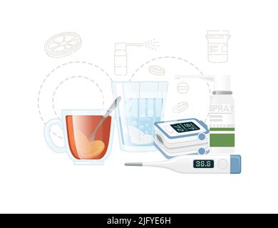 Set of medicine for treatment hot tea pulse oximeter spray vector illustration on white background Stock Vector