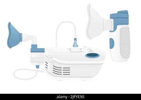 Medical nebulizing device with mask for oxygen therapy breath treatment equipment vector illustration on white background Stock Vector