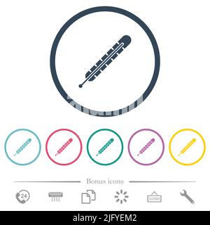 Fever thermometer solid flat color icons in round outlines. 6 bonus icons included. Stock Vector