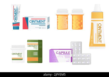 Set of ointment and tablets in different packages vector illustration on white background Stock Vector
