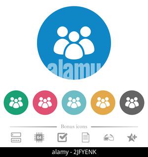 Team solid flat white icons on round color backgrounds. 6 bonus icons included. Stock Vector