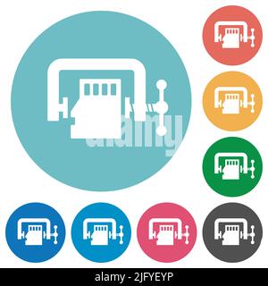 Micro sd memory card compress solid flat white icons on round color backgrounds Stock Vector