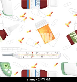 Medicines seamless pattern with syrup lozenge drops and thermometer cold treatment vector illustration on white background Stock Vector