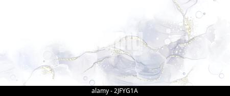 Abstract fluid art painting background with alcohol ink technique light gray and silver glitters Stock Vector