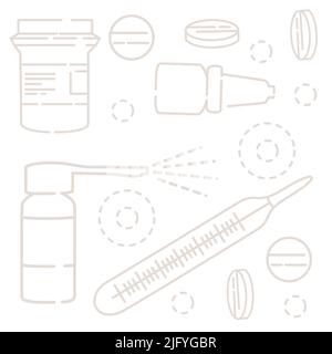 Seamless pattern of medical thermometer tablets and capsules vector illustration on white background outline style Stock Vector