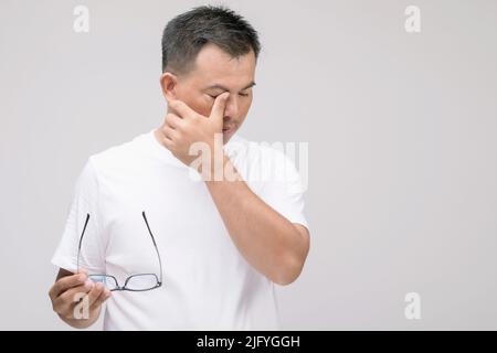 Eye irritation concept : Portrait of Asian man in posture of eye tired,  irritation or problem about his eye. Studio shot isolated on grey background Stock Photo