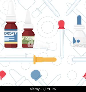 Seamless pattern Medicines with different drops and pipettes cold treatment vector illustration on white background Stock Vector