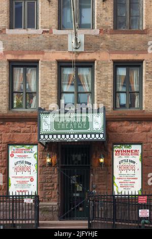 A vertical shot of the Westside Theatre entrance hosting Little Shop of Horrors Stock Photo