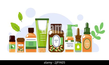 Hemeopathic or herb medicine,pills in different packages with leaf in background Stock Vector