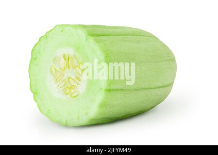 Sliced and halved Armenian cucumber or snake melon with fruit pulp, isolated with clipping path on a white background. Group of fresh and delicious cr Stock Photo