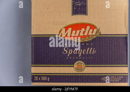 Large cardboard box of spaghetti. Products of the largest Turkish brand ...