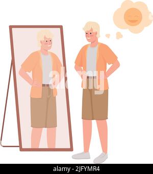Young man in casual clothes near mirror semi flat color vector character Stock Vector